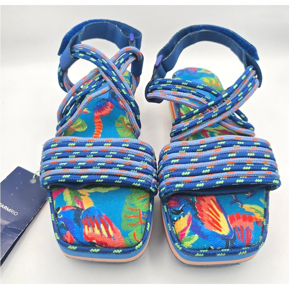 Farm Rio Blue Macaw Platform Rope Sandals Tropical Rainbow Striped 10 NEW